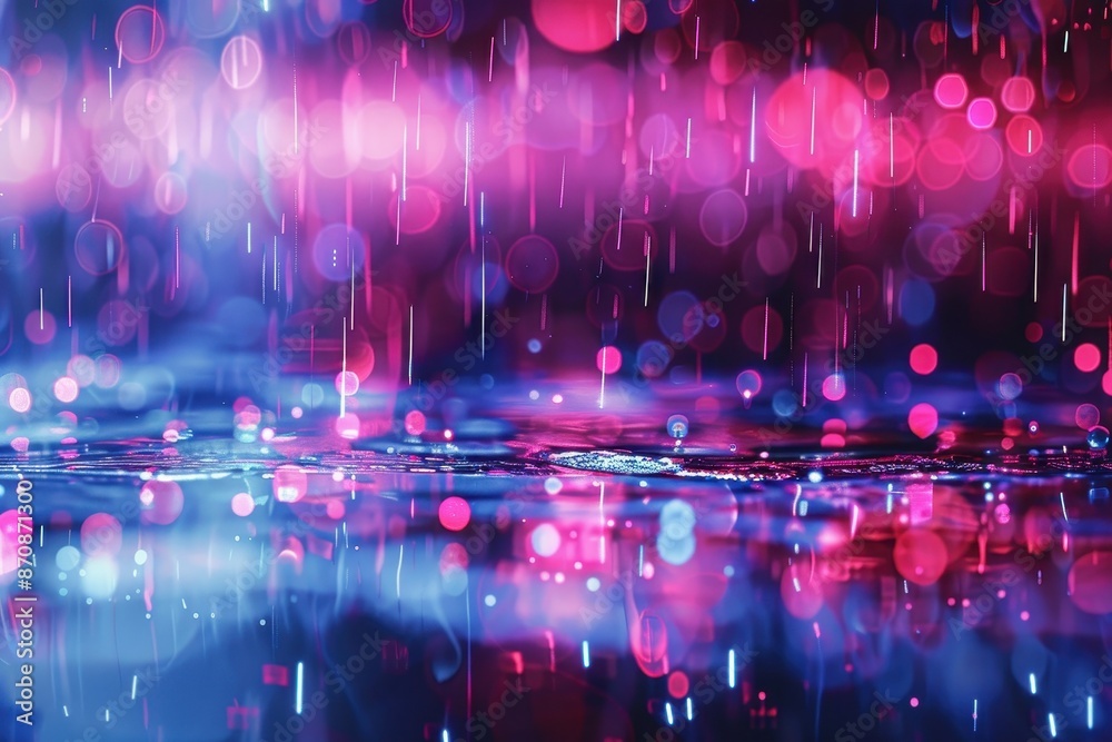 Poster abstract vibrant purple and pink bokeh lights with falling rain, creating a dreamy and surreal atmos
