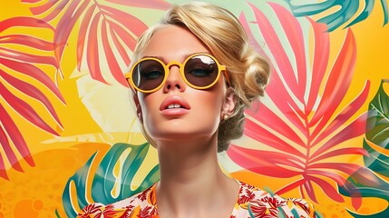 Blonde Woman in Yellow Sunglasses and Floral Top with Tropical Background