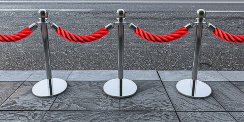 Row of red rope barriers blocking off a sidewalk, possibly for an event or construction