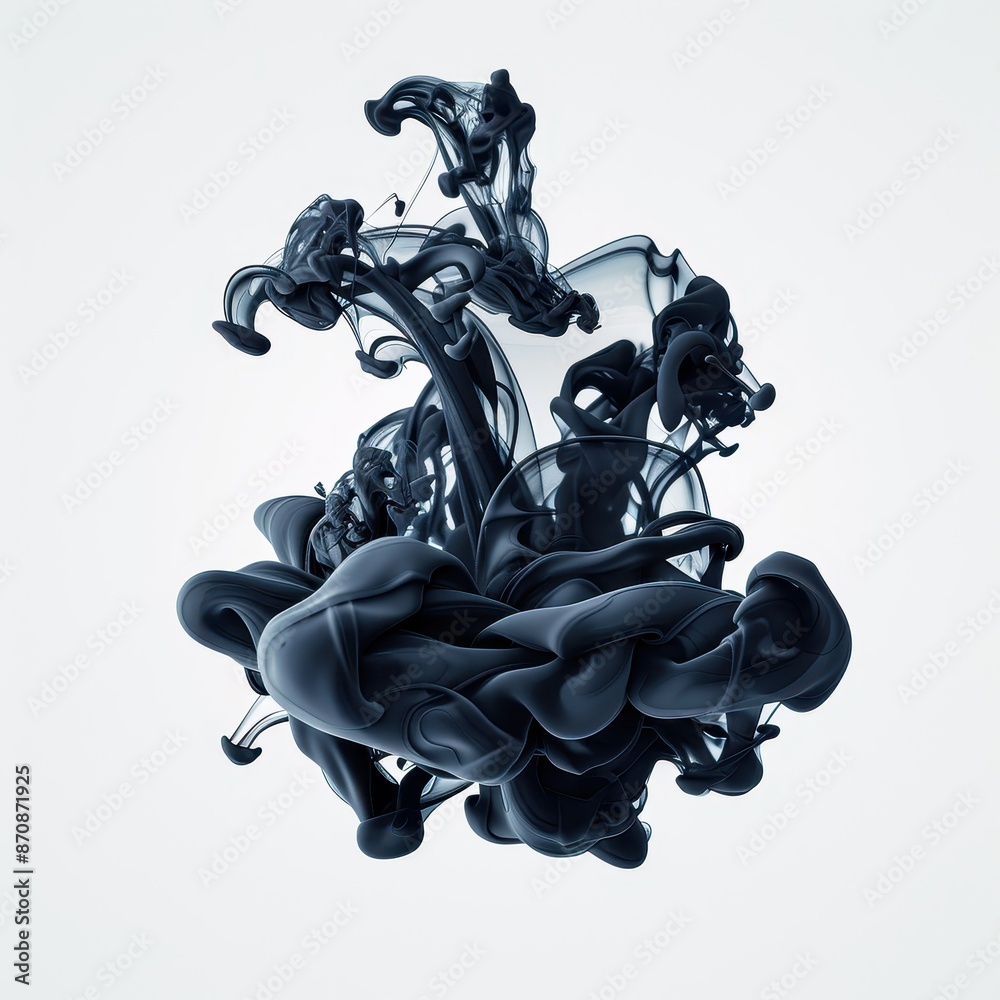 Poster Abstract black ink swirling in water creating artistic patterns on a white background. Perfect for modern designs and creative projects.