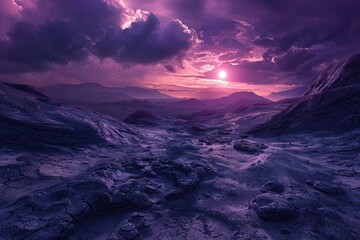 A stunning purple sunset over a mountain range with dramatic clouds and silhouetted peaks