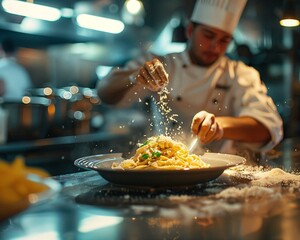 a chef sprinkling some food on a plate