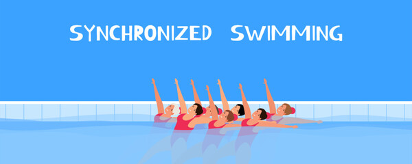 synchronized swimming sport competition women team in swimming pool vector illustration