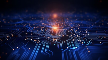 Abstract digital circuit board on blue tech bg, connected lines and dots, navy gradient innovation