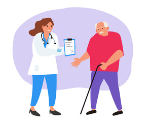 woman doctor shows medical paper to senior man consulting patient vector illustration
