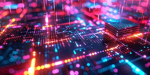 Futuristic Digital Circuit Board with Glowing Neon Lights