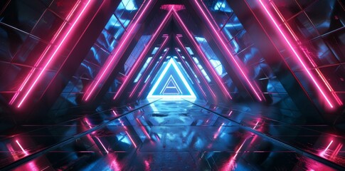 3D rendering of a futuristic sci fi dark empty triangle corridor with blue and purple neon lights reflecting technology