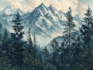 A beautiful landscape of snow-capped mountains and a valley of pine trees.