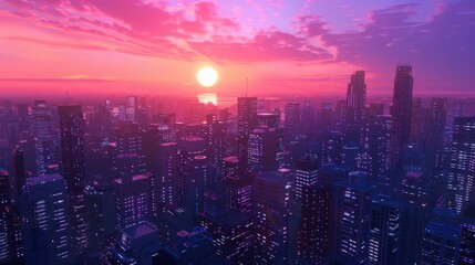 Sunrise in a dark futuristic science fiction city / 3D illustration of the dawn of a cyberpunk metropolis