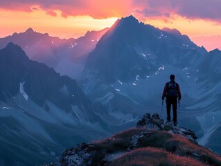 Fototapeta premium The mountain climber reaches the summit and is rewarded with a breathtaking view.