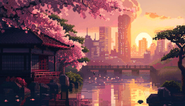 8-bit pixel art of a serene Japanese garden with cherry blossoms in full bloom under the setting sun