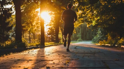 Silhouetted runner in a tranquil park at sunset with sun rays filtering through the trees