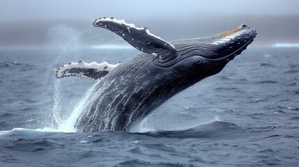Obraz premium A humpback whale breaching the ocean surface, its massive body creating a spectacular splash.