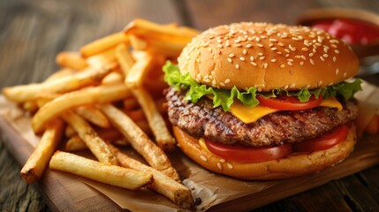 Freshly prepared burger and French fries ready for serving, ideal for food photography or recipe illustrations
