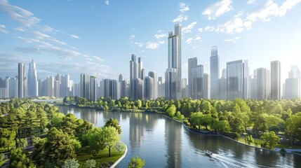 Naklejka premium Concept of a sustainable green city based on green energy and eco-industry. Future skyscrapers and modern buildings.