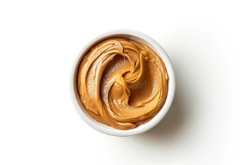 A container filled with creamy peanut butter on a white background