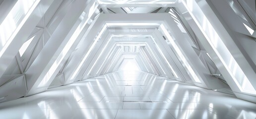 Obraz premium 3D rendering of a bright futuristic sci-fi alien ship tunnel with dazzling abstract shapes and reflective surfaces with a black end and empty space at its end.