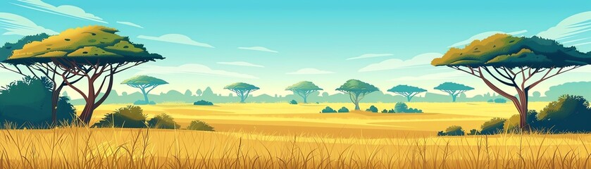 Savanna landscape, grasslands and acacia trees, flat design illustration