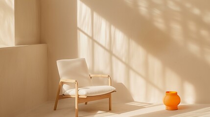 Obraz premium Soft chair with wooden frame white cushion sitting in room with blank wall large windows, Nordic Swedish Scandinavian Danish