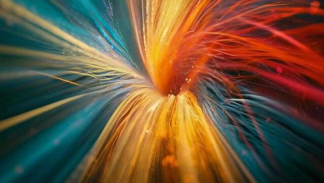 Vibrant abstract digital art depicting intertwining fibers in colors like orange, teal, and red, accented with small light particles. The image conveys energy and movement, ideal for adding a pop of