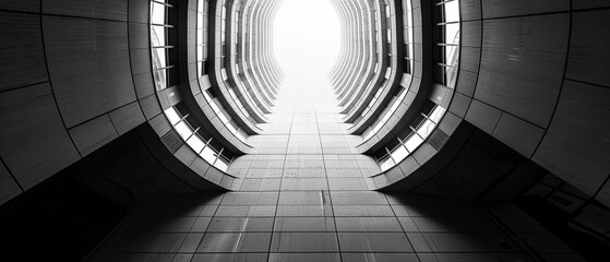 Fototapeta premium Black white inside cylindrical building, geometric minimal light indoors