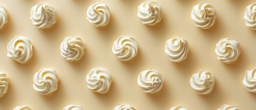 Pattern meringue cookies on beige background, frothy light cream airy