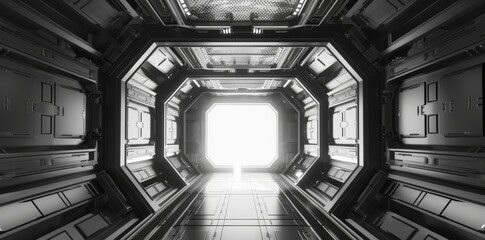 Obraz premium The entrance to a futuristic modern garage showroom tunnel. 3D illustration of the entrance