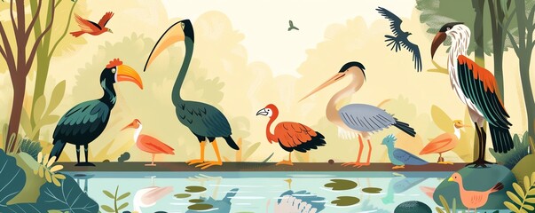 Bird sanctuary, various species in habitat, flat design illustration