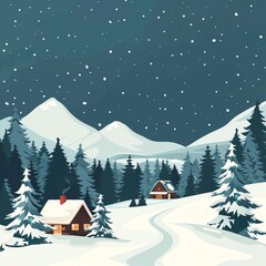 Snowy landscape, winter wonderland, flat design illustration