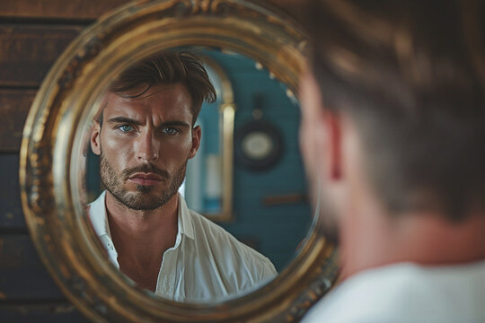 Narcissistic personality disorder concept, a handsome man looking into a mirror 