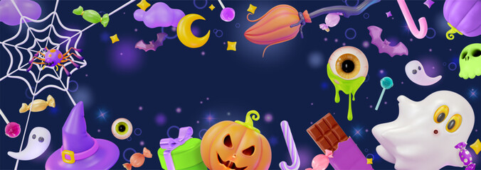 Fototapeta premium 3d Halloween Concept Banner or Party Invitation Background Place for Text Cartoon Design Style. Vector illustration