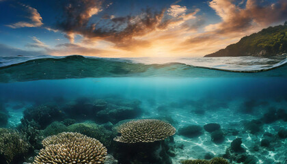 An awe-inspiring image capturing a mesmerizing ocean surface split view. Sun's rays penetrate through the water, illuminating the underwater sea bed filled with rich marine life.