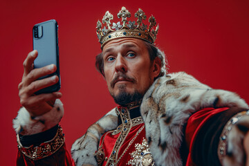 Narcissism concept, a man dressed as a king taking a selfie of himself