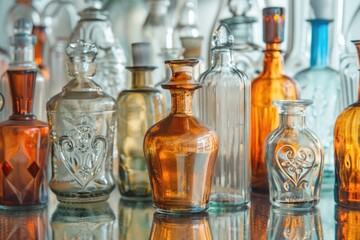 A collection of glass bottles resting on a flat surface