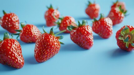 A group of fresh strawberries sitting on top of a blue surface, perfect for food or decoration photography