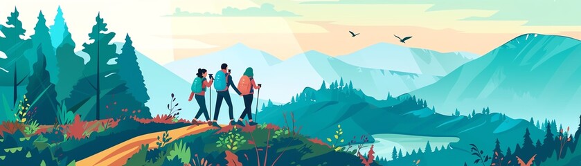 Fototapeta premium Nature trail with hikers, scenic route, flat design illustration