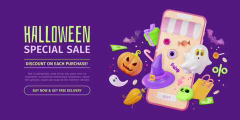 3d Halloween Special Sale Concept Ads Banner Promotion Poster Card Template . Vector illustration of Smartphone with Celebration Party Elements Floating Around