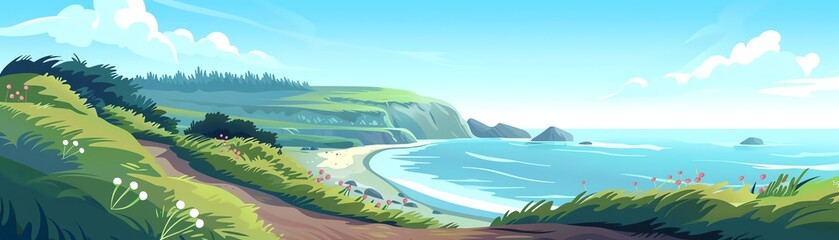 Obraz premium Coastal nature trail, path along the shore, flat design illustration
