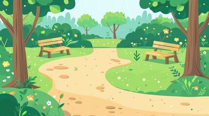 Nature trail with benches, rest spots, flat design illustration