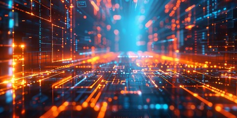 Fototapeta premium Futuristic Digital Cityscape with Orange and Blue Neon Lights