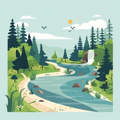 River nature trail, following the water, flat design illustration