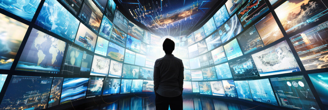 Person observing multiple data screens and charts.