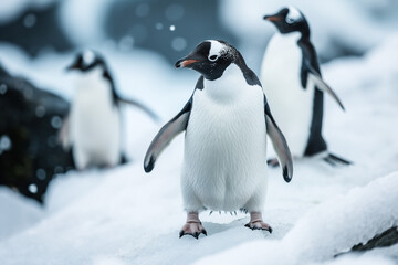 Fototapeta premium Penguins in the arctic walking around snow area.