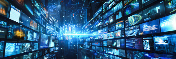 Digital screens with futuristic graphics and data.