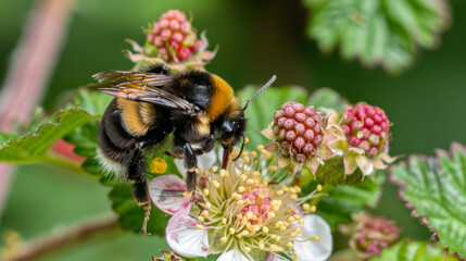 A busy bee flutters onto a blackberry flower on a bright spring day, helping to spread the pollen.