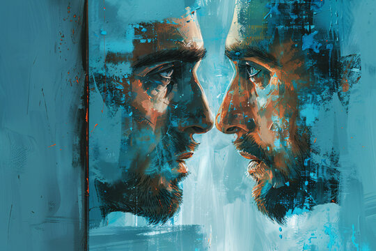 Narcissism concept illustration, a male narcissist looking at himself in a mirror in front of a red background