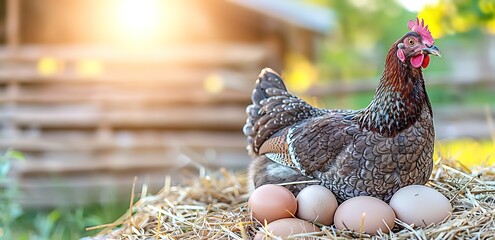 A black chicken egg with brown markings, on top of eggs and straw with a blurry background