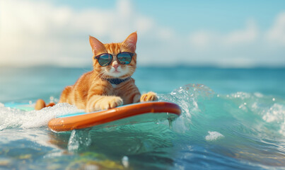 Red happy cat on summer vacation is surfing on the sea. Cat on the board floats on the wave.