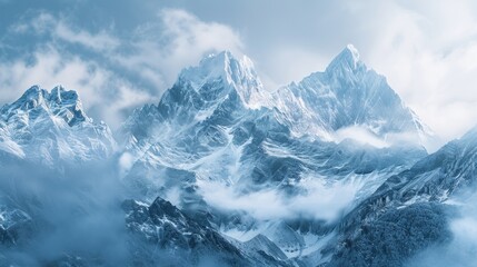 Obraz premium A scenic view of snow-covered mountains shrouded in cloud cover, perfect for winter or nature-themed designs