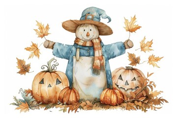 watercolor scarecrow with pumpkins
